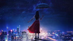 Umbrella, Red Dress, Alone, Artist, Artwork, Digital Art, 4K wallpaper