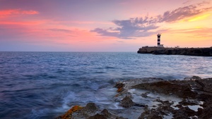 Sunset, Rocky shore, Lighthouse, Mallorca Island, Spain, Ocean, 4K wallpaper