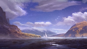 Boat, Sky, Mountains, Artist, Artwork, Digital Art, Artstation, 4K wallpaper