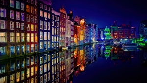 Amsterdam, Night, Colorful, Buildings, Reflection, Night City, Aesthetic, Night lights, 4K wallpaper