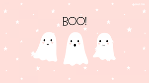 Cute Halloween, Kawaii cartoon, Cute ghost, Minimalist, Peach background, October, Simple, 4K wallpaper