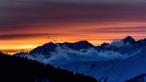 Sunset, Mountains, Sky, Nature, 4K wallpaper