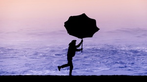 Beach, Silhouette, Umbrella, Man, Purple aesthetic, 4K wallpaper