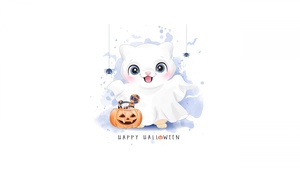 Happy Halloween, Cute art, Bat, White aesthetic, 4K wallpaper