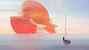 Sunset, Boat, Abstract, Artist, Artwork, Digital Art, 4K wallpaper