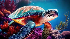 Sea Turtle, AI art, Coral reef, Colorful, Vibrant, Underwater, 4K wallpaper