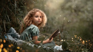 Cute Girl, Reading book, Portrait, Magical forest, Pretty, Study, 4K wallpaper