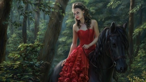 Red Dress, Horse, Artist, Artwork, Digital Art, Forest, Artstation, 4K wallpaper