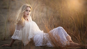 Blonde, Girls, Model, White Dress, 4K wallpaper