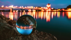 Crystal Ball, Cityscape, Macro, City lights, Night City, 4K wallpaper