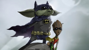Baby Groot, Baby Yoda, Batman, Robin, Superheroes, Artist, Artwork, Digital Art, 4K wallpaper