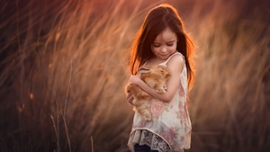 Little Girl, Children, Cute, Rabbit, 4K wallpaper