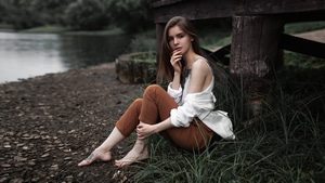 Girls, Model, Lake, 4K wallpaper