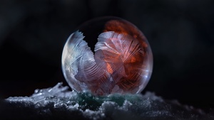 Soap Bubble, Dark aesthetic, Macro, Winter snow, 4K wallpaper