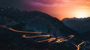 Sunset, Mountains, Nature, Long Exposure, Lights, 4K wallpaper