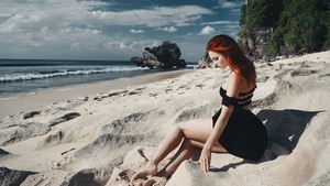 Redhead, Girls, Model, Black Dress, Beach, Sand, 4K wallpaper