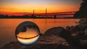 Crystal Ball, Sunset, Macro, Stones, Bridge, Dusk, 4K wallpaper