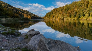 River, Autumn, Stones, Nature, Reflection, 4K wallpaper