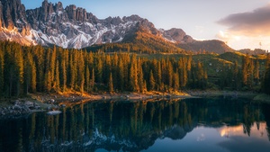 Karersee Lake, Serene, Lago di Carezza, Alpine lake, Italy, Dolomites, 4K wallpaper