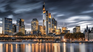 Frankfurt, Night City, Germany, City Skyline, Illumination, Reflection, 4K wallpaper