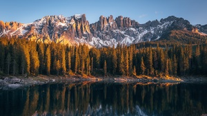 Dolomites, Karersee Lake, Lago di Carezza, Alpine lake, Peaceful, Italy, 4K wallpaper