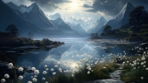 Alpine lake, Moonlight, Scenery, Surreal, Serene, Peaceful, Valley, AI art, 4K wallpaper