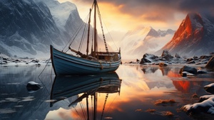 Scenic, Aesthetic, Boat, Sunset, AI art, Frosty, Dawn, 4K wallpaper