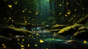 Forest, Aesthetic, River, Night, Mystic, Mossy rocks, 4K wallpaper
