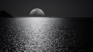 Moon, Ocean, Night, Black And White, Monochrome, 4K wallpaper
