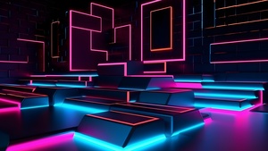 Geometric, Modern interior, Neon background, 4K wallpaper