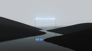 Neon sign, River, Mountains, Fog, Surreal, Dreamlike, Monochrome, Black and White, 4K wallpaper
