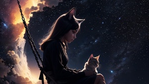 Cute Girl, Kitten, Dream, Surreal, Night sky, 4K wallpaper