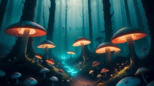 Mushroom forest, Mystic, Enchanted, Surreal, AI art, 4K wallpaper