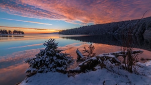 Lake, Sunset, Nature, Snow, Evening, 4K wallpaper