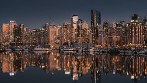Vancouver City, Harbor, Night lights, Cityscape, Reflections, Nightscape, 4K wallpaper