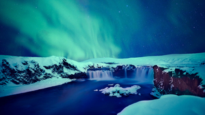 Snow covered, Godafoss waterfall, Winter, Iceland, Aurora sky, Night, 4K wallpaper