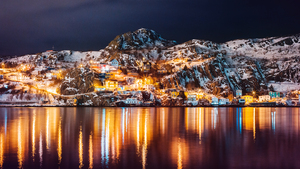 Island, Canada, Night lights, Reflections, Lake, 4K wallpaper