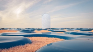Surreal, Geometric, Landscape, Glass, Reflection, Serene, Ethereal, 4K wallpaper