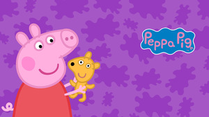 Peppa Pig, Teddy, Purple background, Cartoon, 4K wallpaper