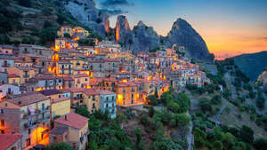 Italy, Mountains, Night lights, Sunset, 4K wallpaper