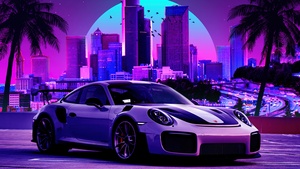 Porsche 911 GT2, Retro, Synthwave, Neon, Cityscape, Vaporwave, Cyberpunk, Outrun, 4K wallpaper