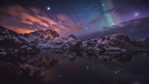 Aurora, Northern Lights, Nature, Sky, Mountains, Snow, 4K wallpaper