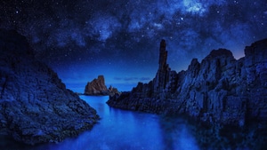 Evening, Rocks, Stars, Nature, Blue, Sea, 4K wallpaper