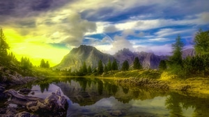 Lake, Mountains, Nature, Sky, 4K wallpaper
