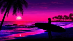 Tropical beach, AI art, Sunset, Girl, Pink aesthetic, 4K wallpaper