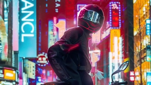 Biker, City, Colorful, Neon, Artist, Artwork, Digital Art, Helmet, 4K wallpaper