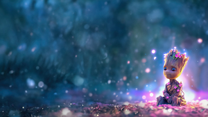 Baby Groot, Cute art, Aesthetic, Floral, Bokeh Background, AI art, Pink flowers, Vibrant, 4K wallpaper