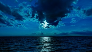 Moon, Night, Nature, Sea, Clouds, Blue, 4K wallpaper