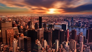 New York City, Cloudy Sky, Sunset, Cityscape, Skyline, 4K wallpaper
