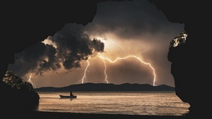 Storm, Landscape, Clouds, Cave, Boat, 4K wallpaper